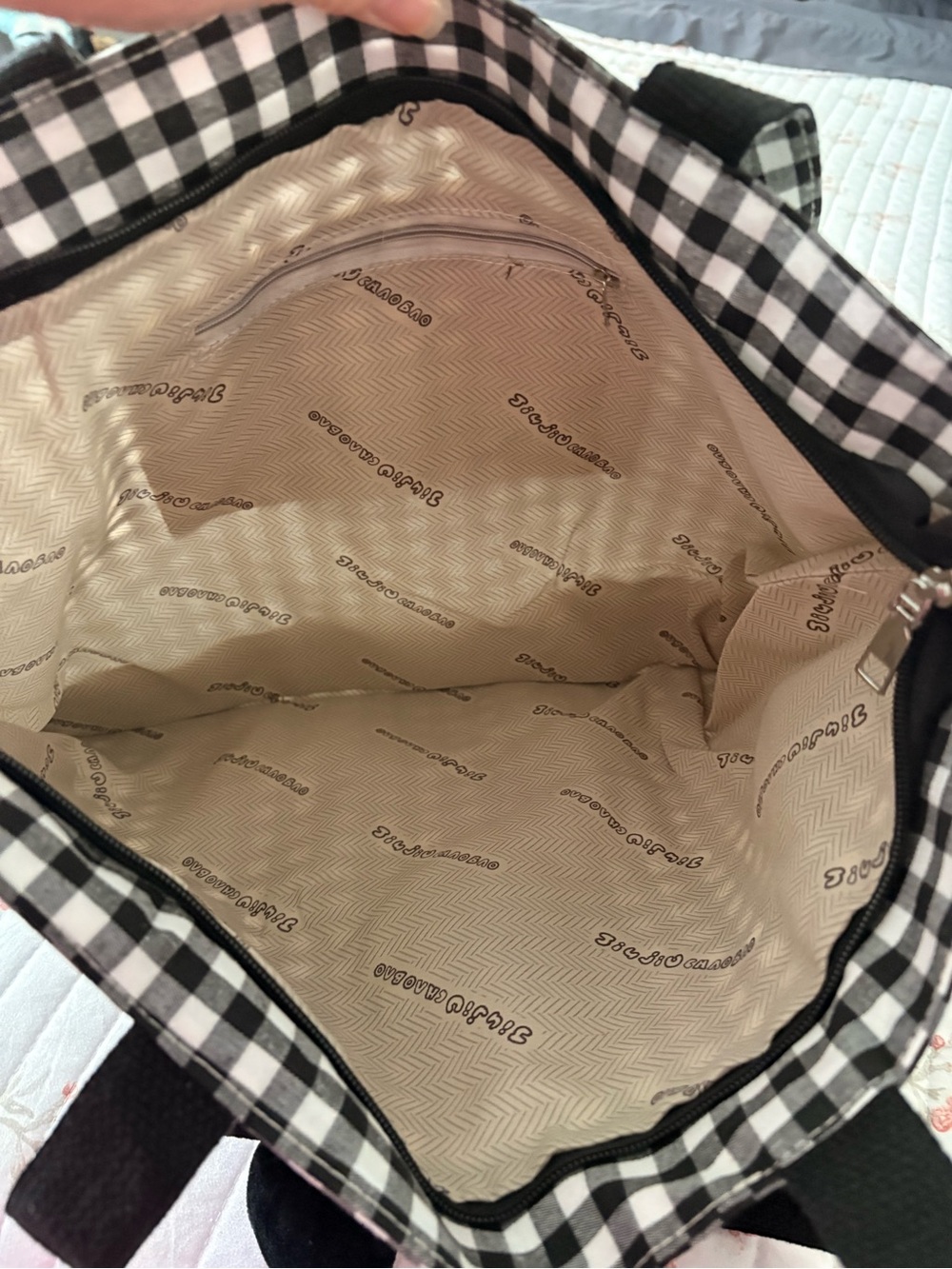 Black & White Gingham Tote Bag with Plush Character Accent - Picture 3 of 5